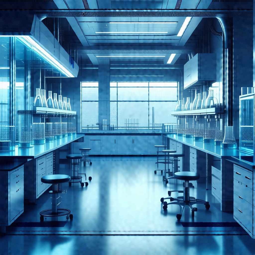 Blue-toned photograph of a laboratory with a large number...
