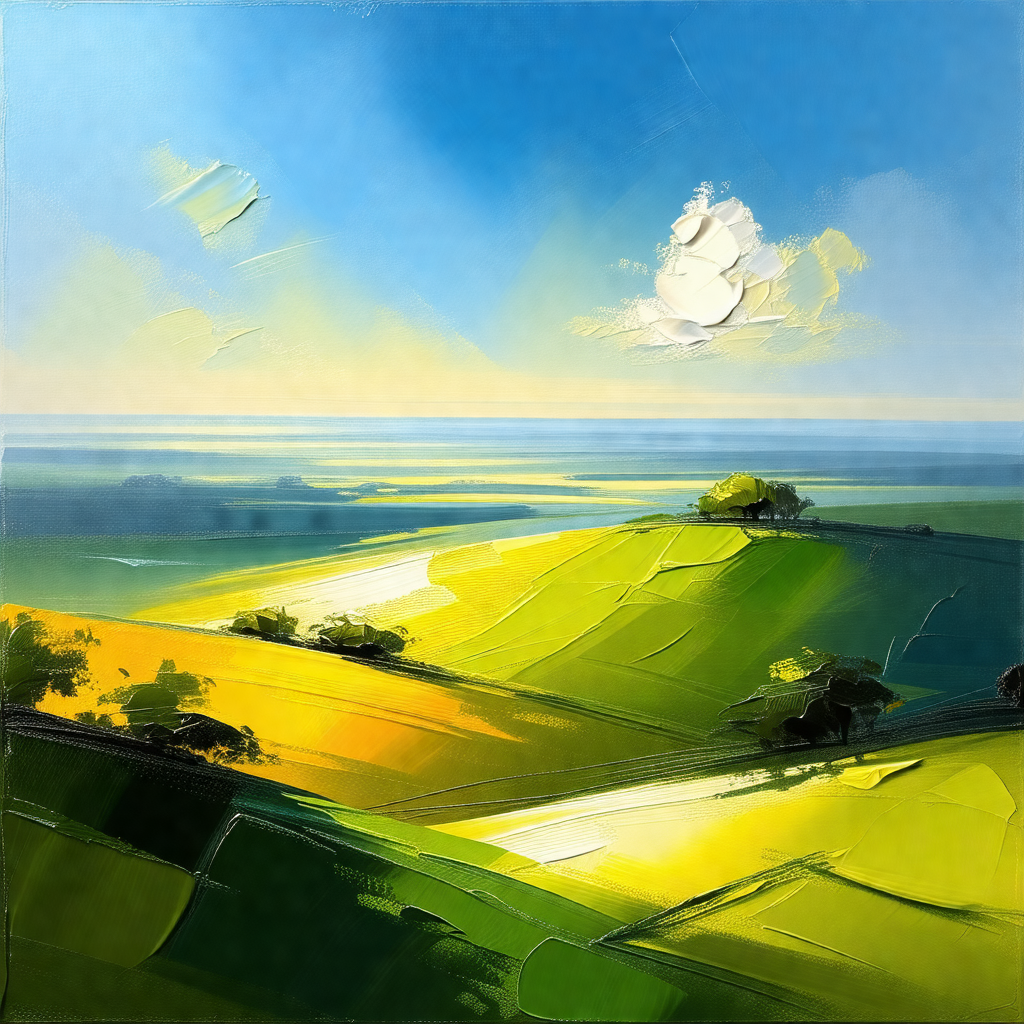 Painting of a beautiful landscape featuring a lush green ...