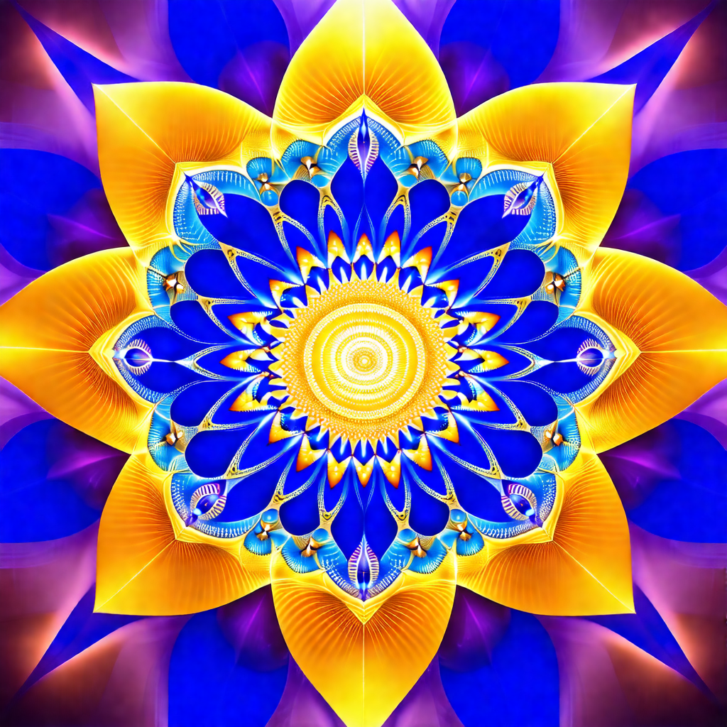 Large, colorful flower with a yellow center and blue petals
