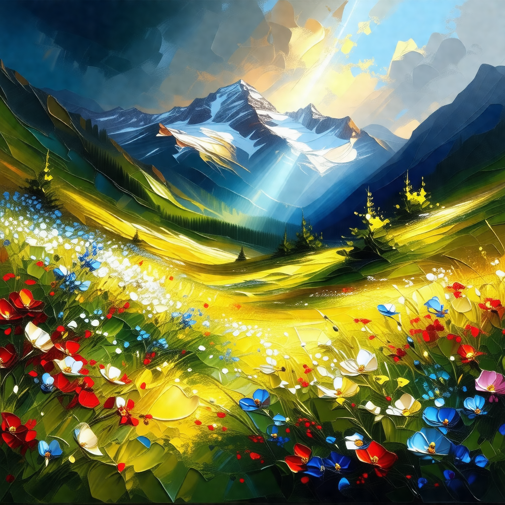 Painting of a beautiful mountain landscape with a field o...