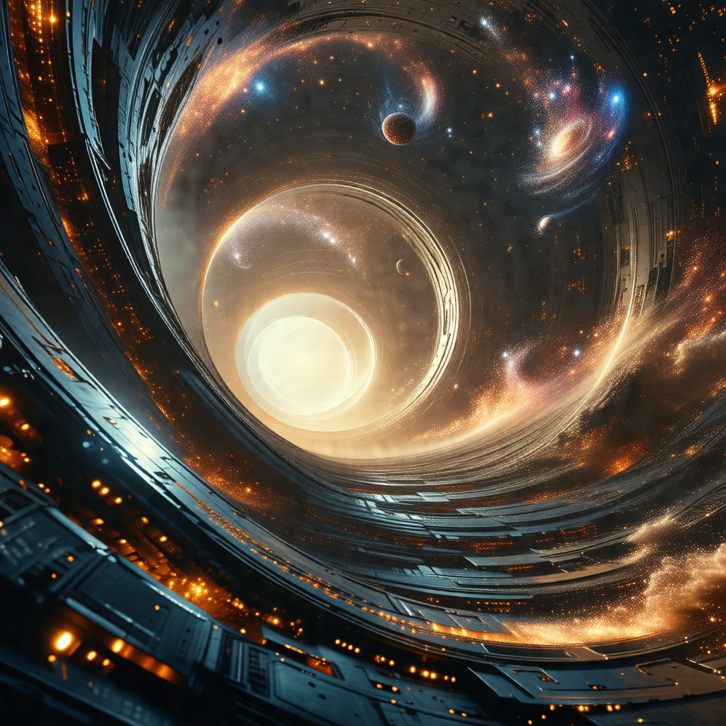 Futuristic space scene featuring a large, round, and open...