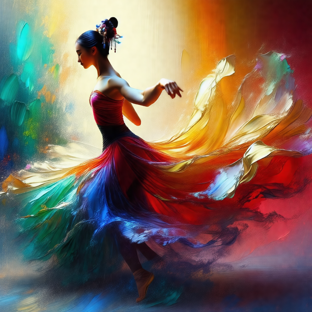 Woman in a red dress, dancing gracefully in a room