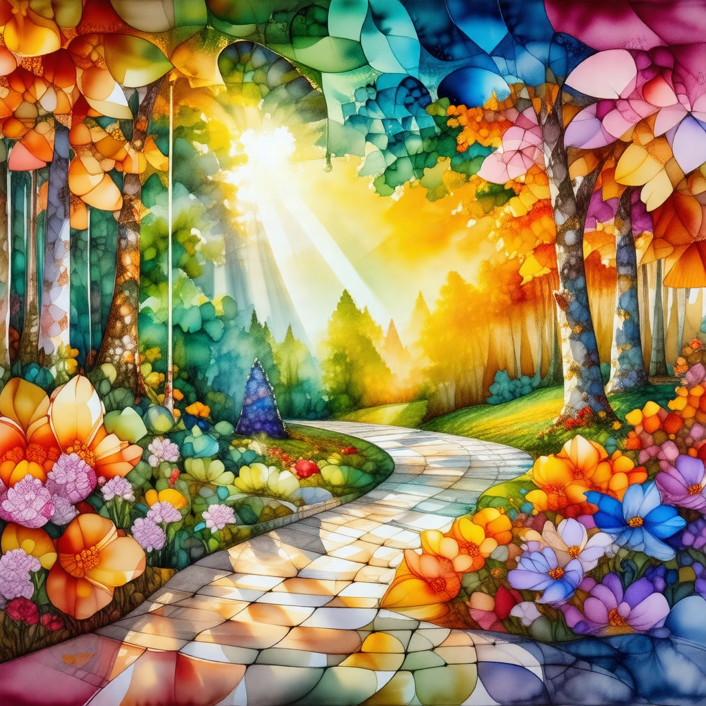 Colorful painting of a forest path with a sunny day