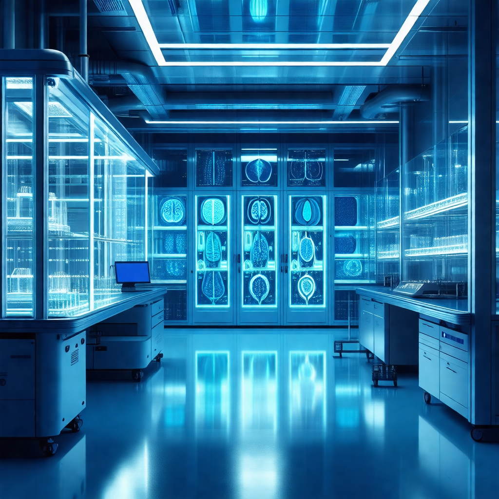 Clean and well-organized laboratory with a blue glow