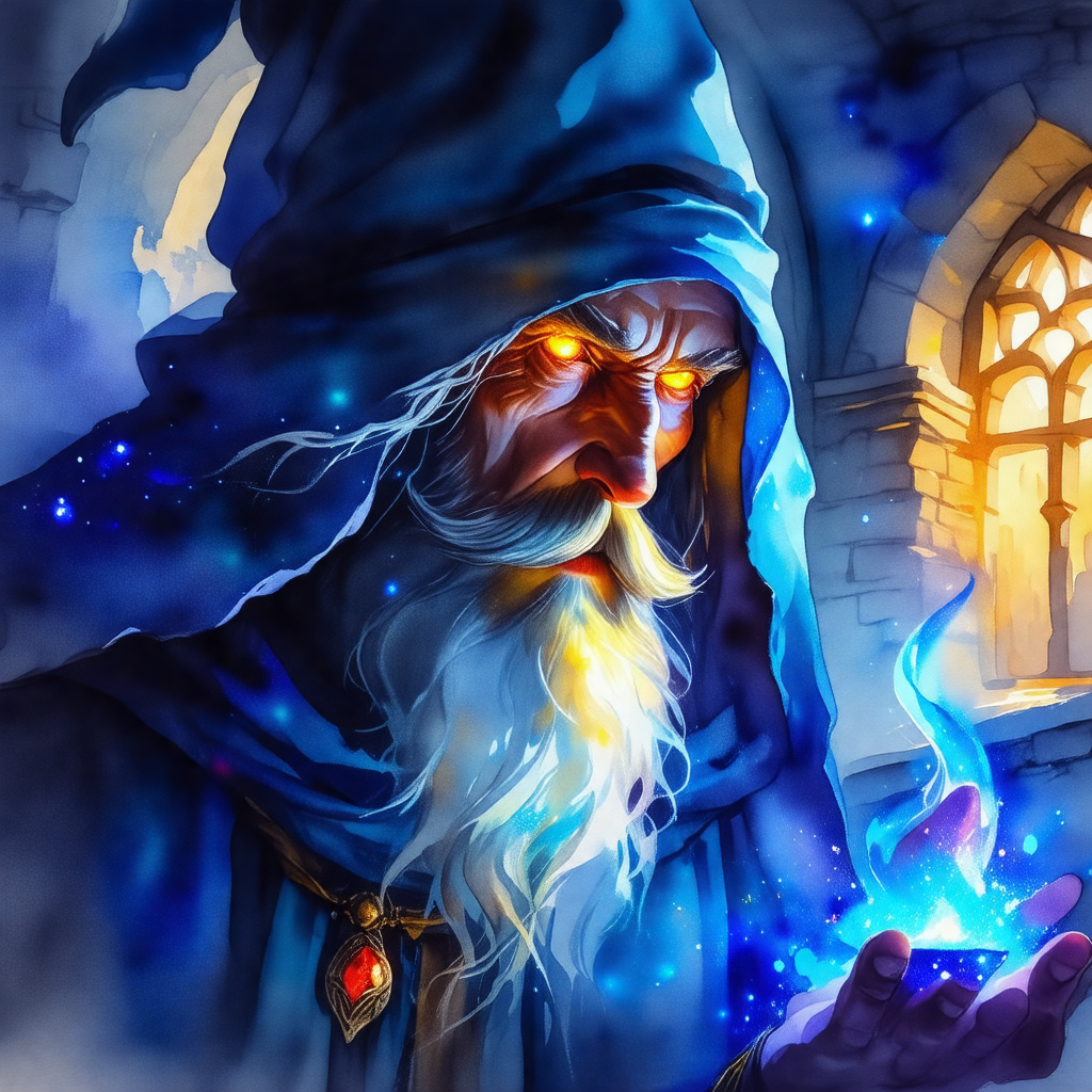 Wizard with a long white beard, wearing a blue robe and a...