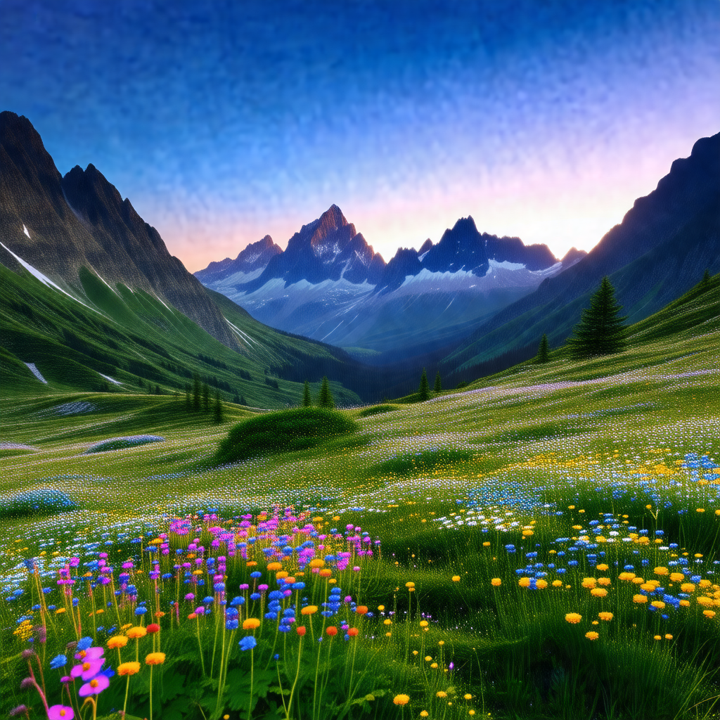 Beautiful mountain landscape with a lush green field and ...