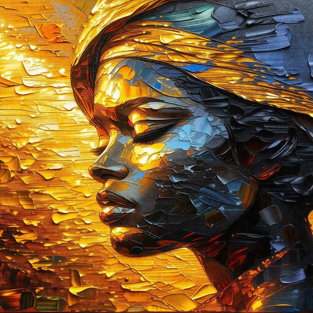 Woman with a gold crown on her head, looking off into the...