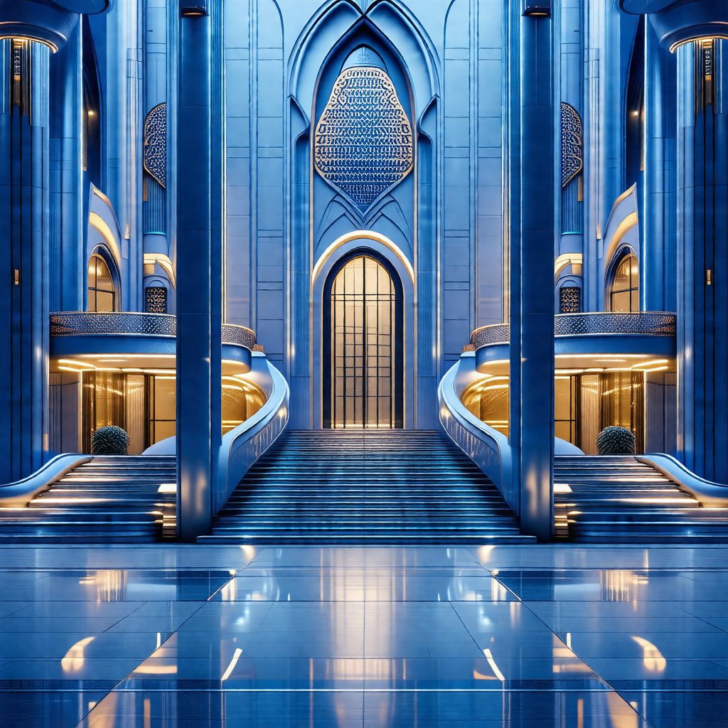 Large, blue building with a grand entrance