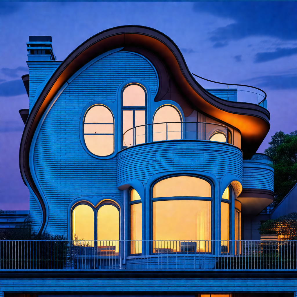 Large, blue and white house with a unique, curved roof