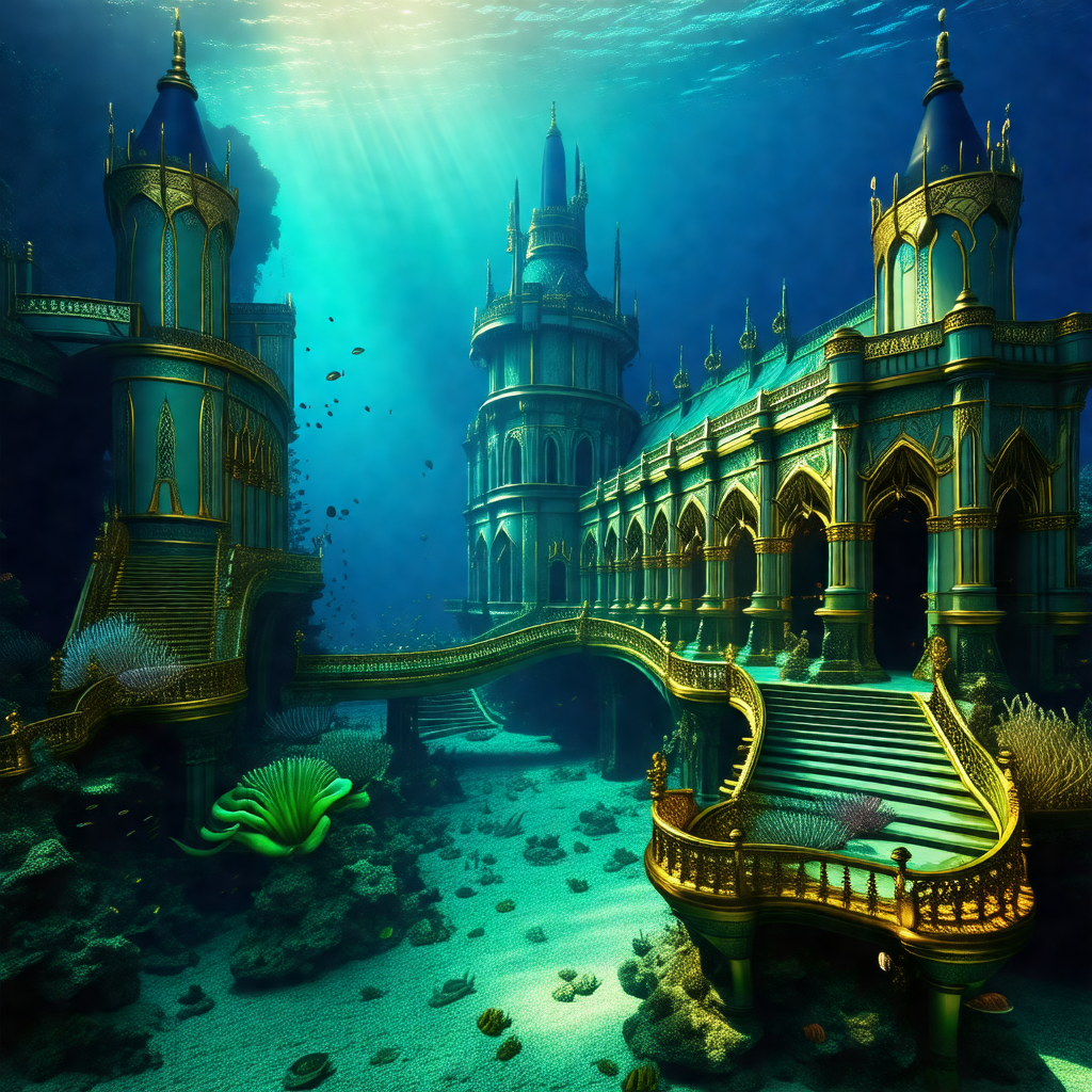 Beautiful underwater palace with a staircase leading to t...
