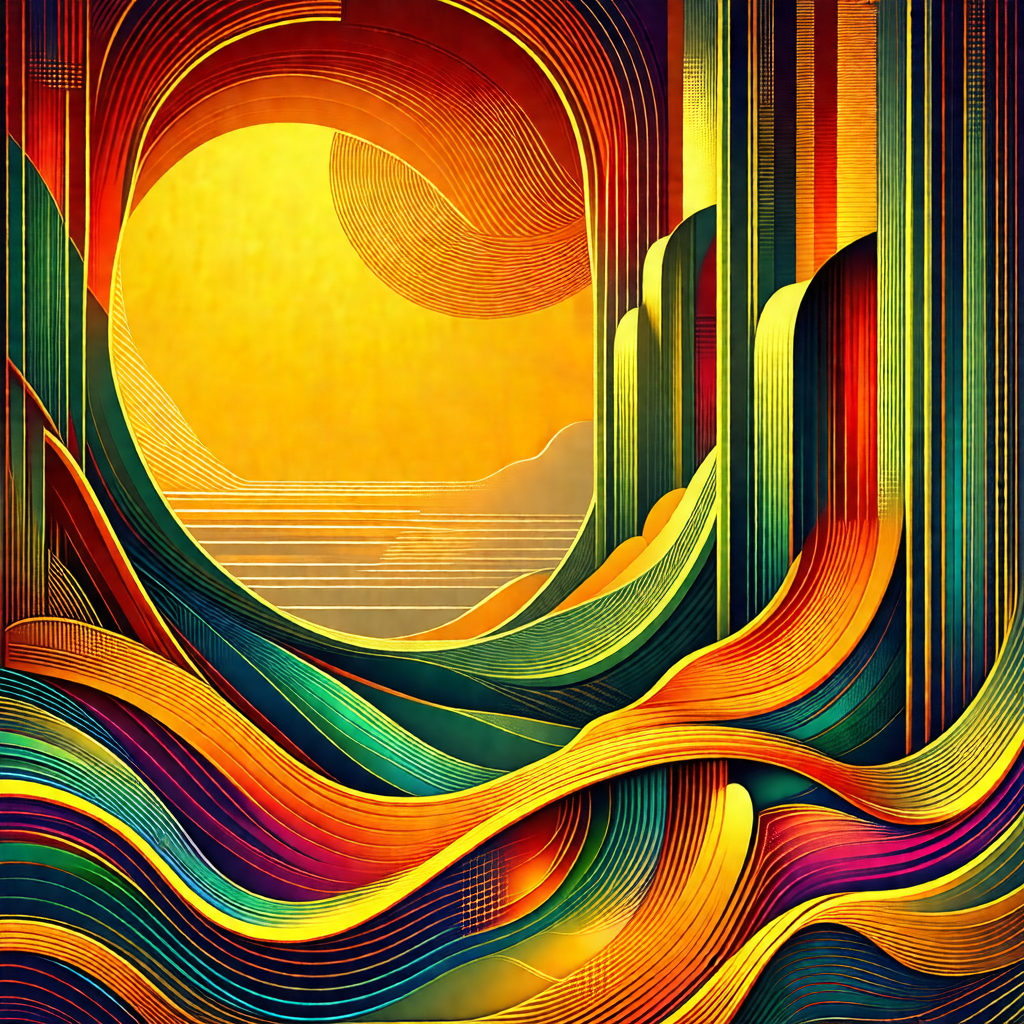 Colorful painting of a sunset, featuring a vibrant orange...
