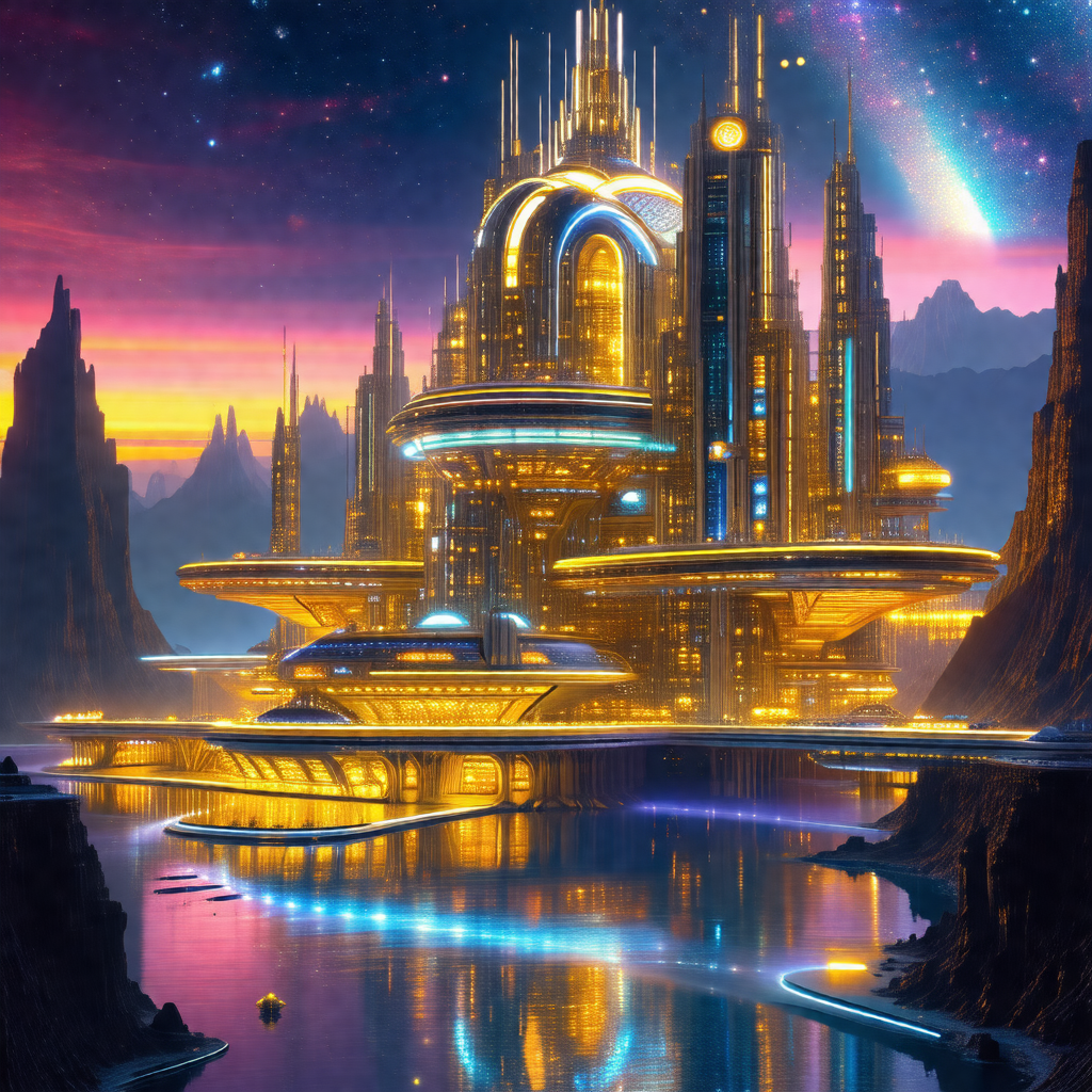 Futuristic city with a large, sprawling building that res...