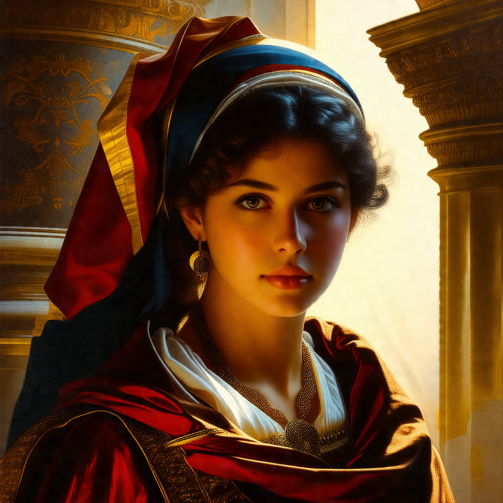 Beautiful woman wearing a red dress and a gold headband