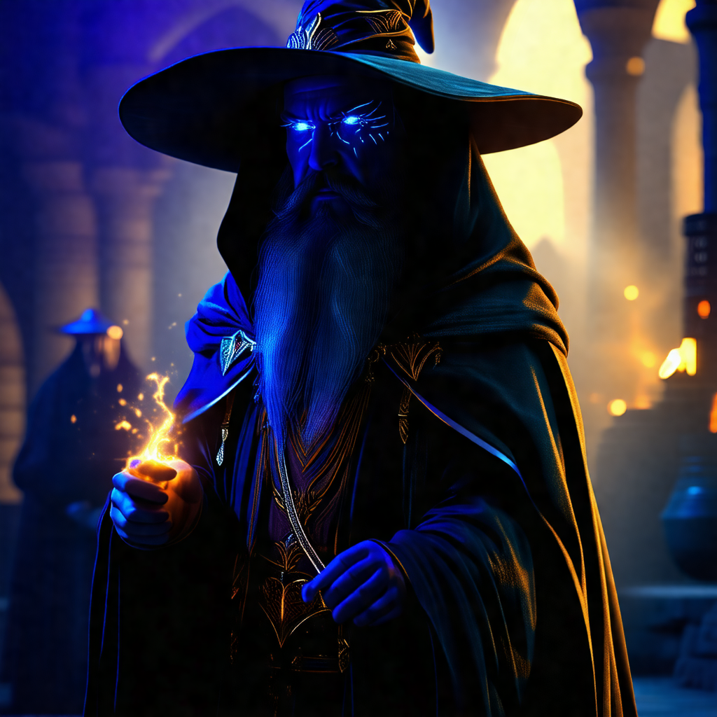 Man dressed in a wizard's outfit, complete with a blue ha...