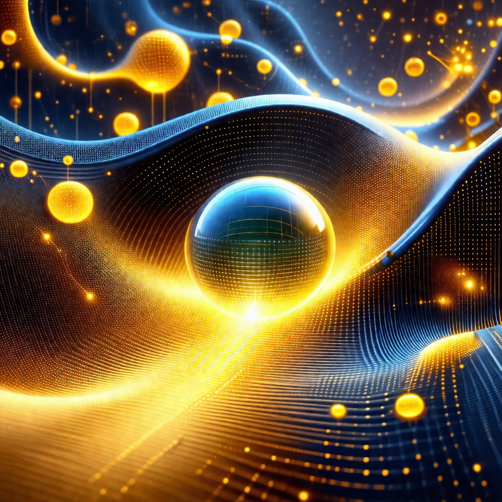 Brightly colored, abstract design with a central sphere