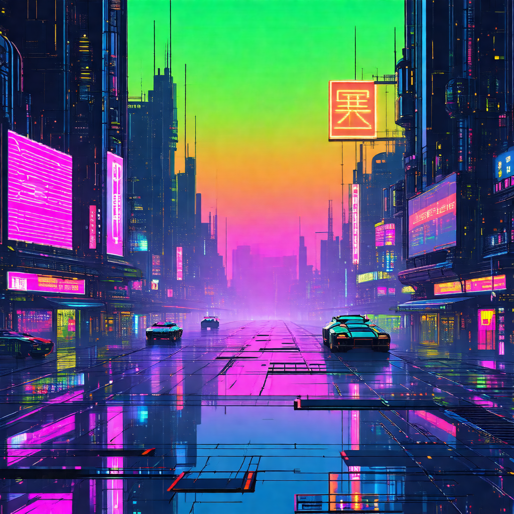 Futuristic cityscape with a rain-soaked street filled wit...