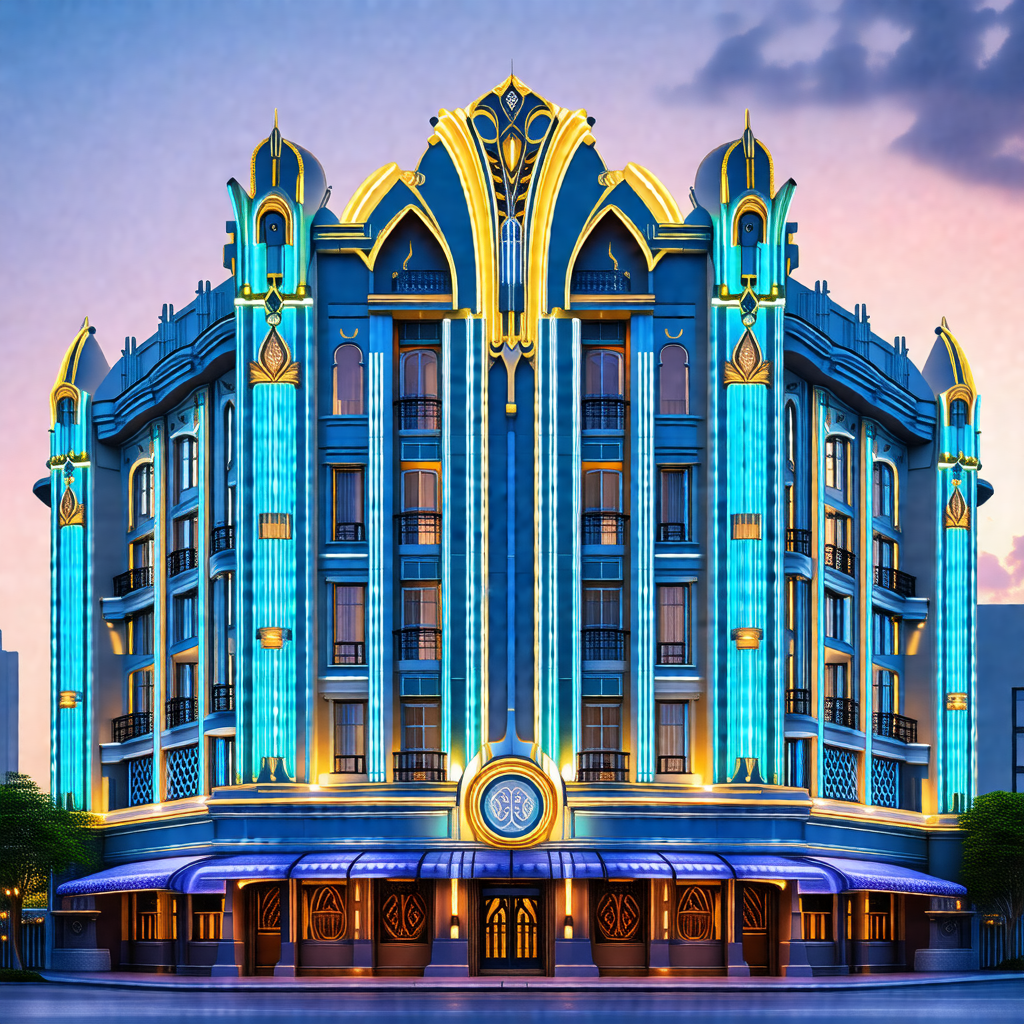 Large, blue and gold building with a prominent clock tower