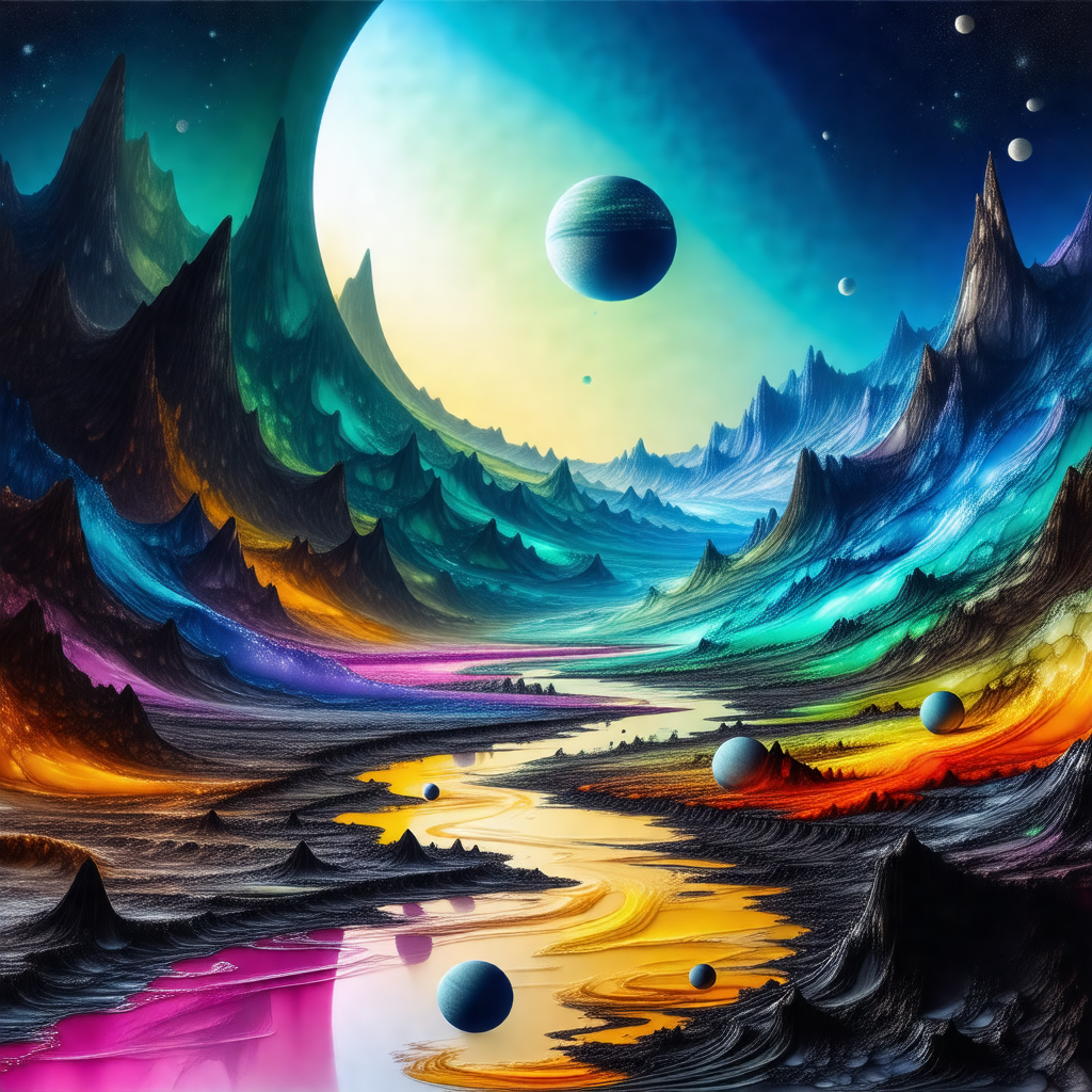 Colorful and detailed painting of a planet with a variety...