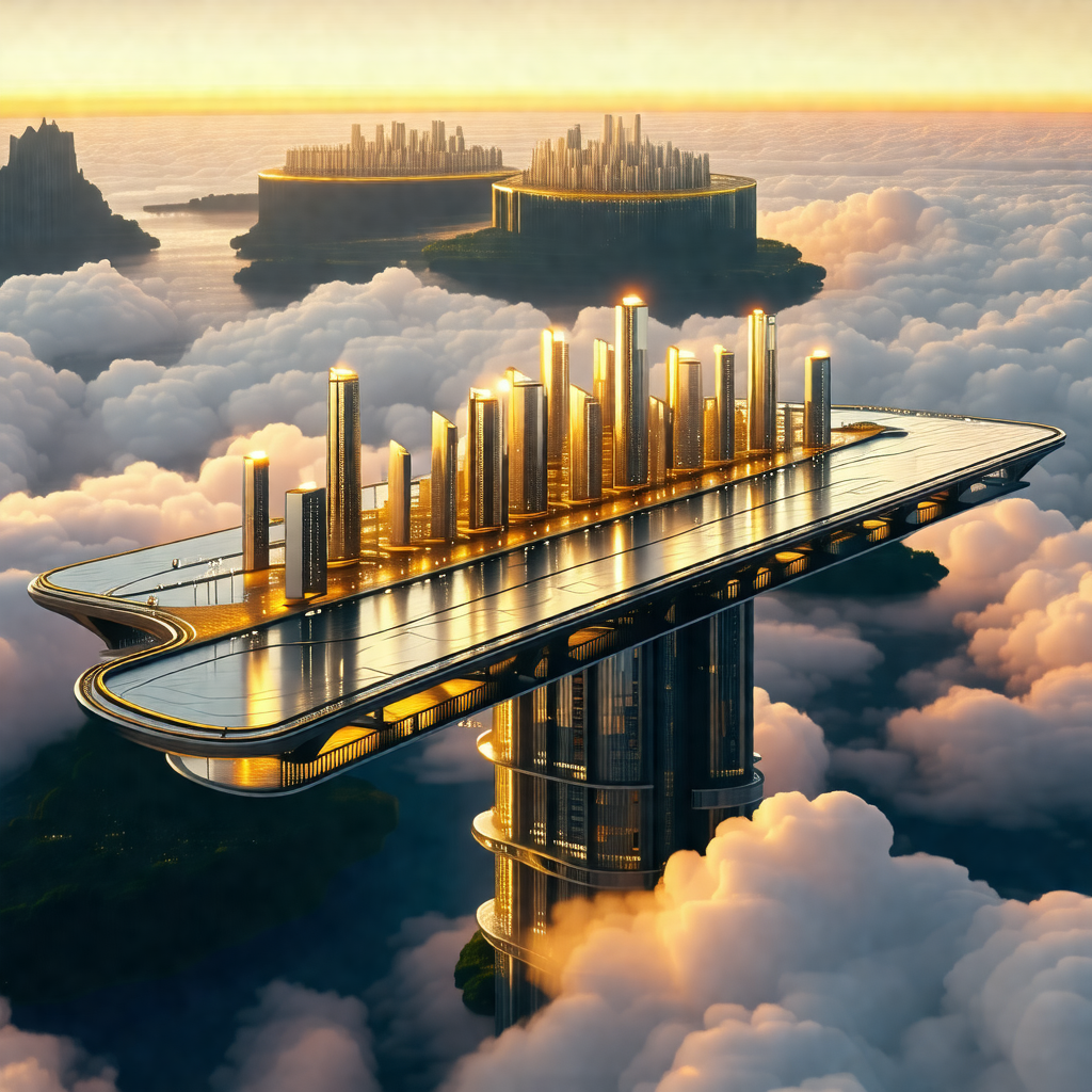 Futuristic city with a large, curved bridge that spans ac...