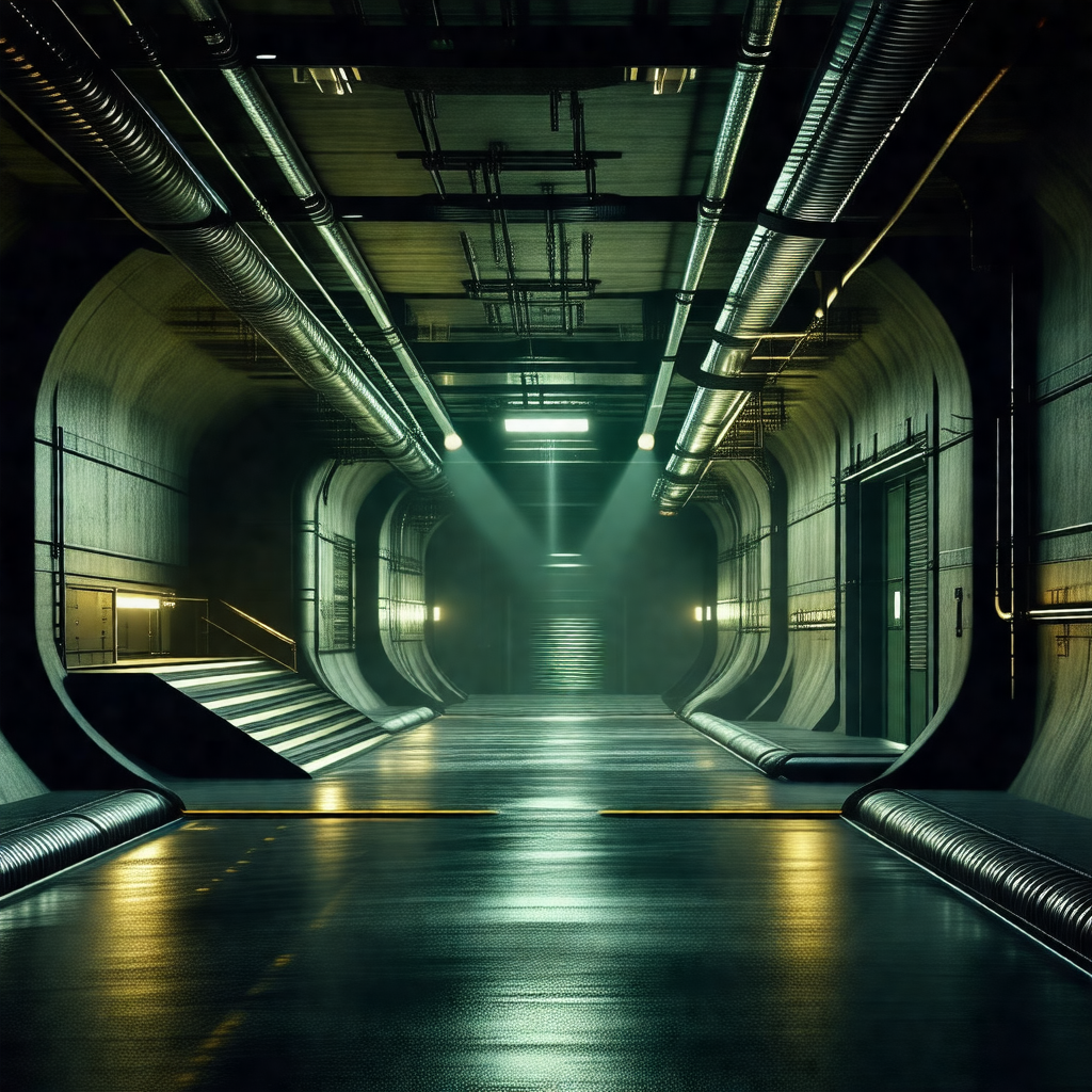 Large, dark tunnel with a bright light shining in the middle