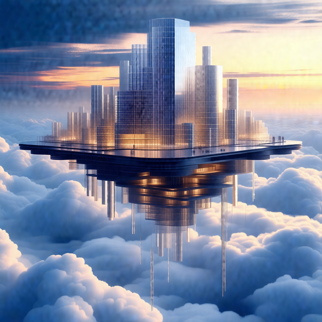 Futuristic city floating in the sky, surrounded by clouds