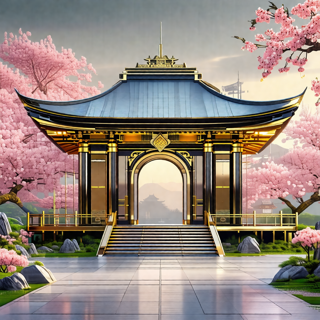 Beautifully designed asian-style building with a large, o...