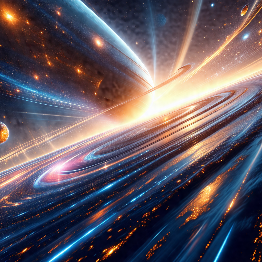 Vibrant and colorful space scene featuring a large, blue,...