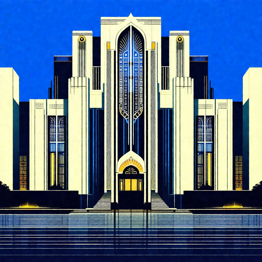 Black and white drawing of a large building with a promin...