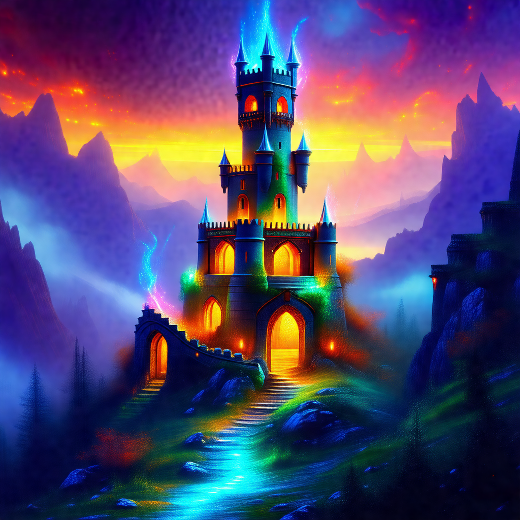 Large, colorful castle with a tall tower and a green roof