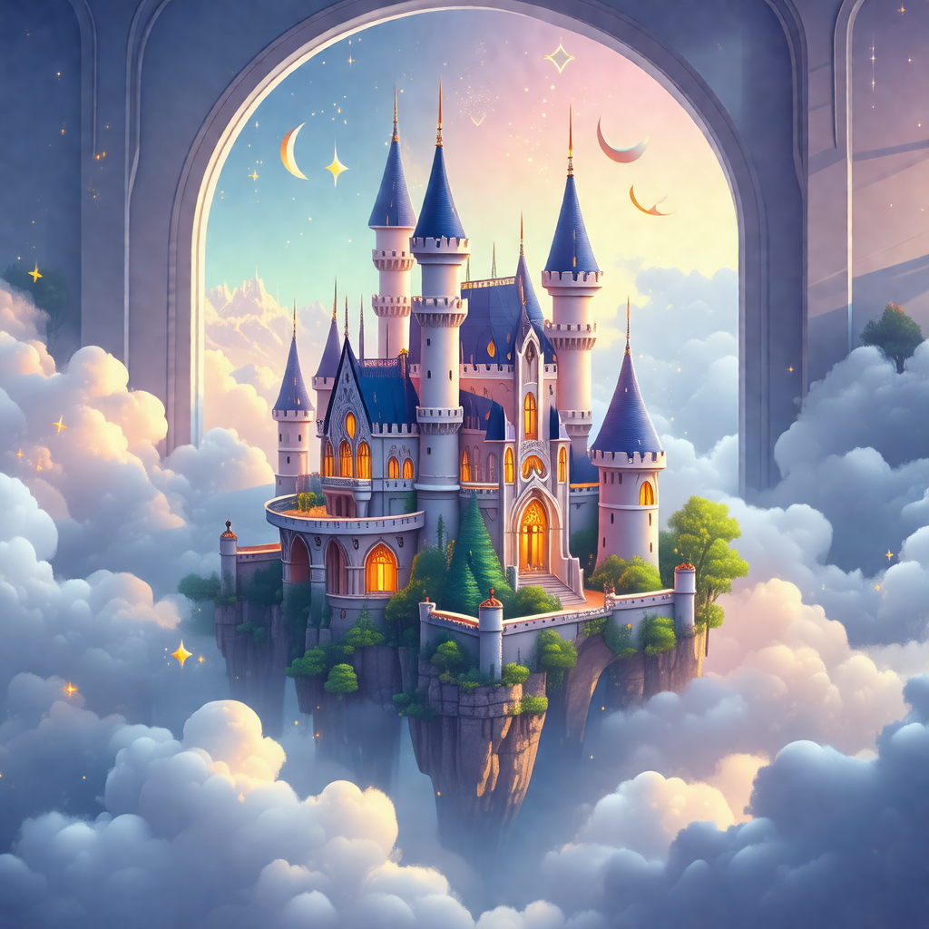Beautifully drawn illustration of a castle floating in th...