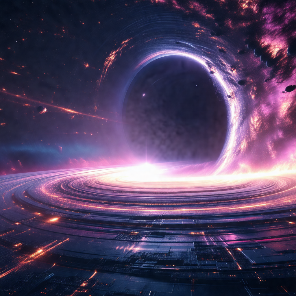 Futuristic space scene featuring a large, dark, and myste...