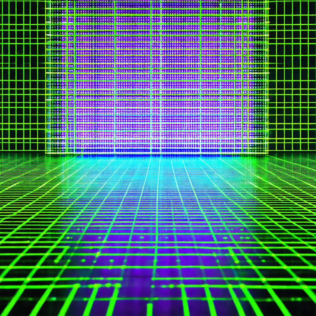 Large, brightly lit room with a green and purple checkere...