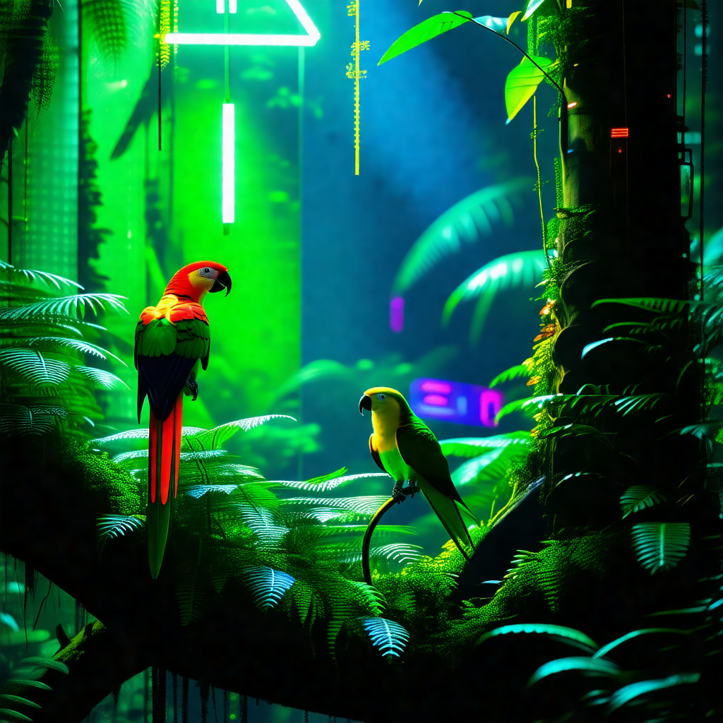 Lush green forest with two colorful birds perched on a tr...