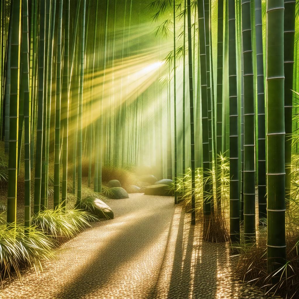 Pathway surrounded by a forest of tall, slender bamboo trees