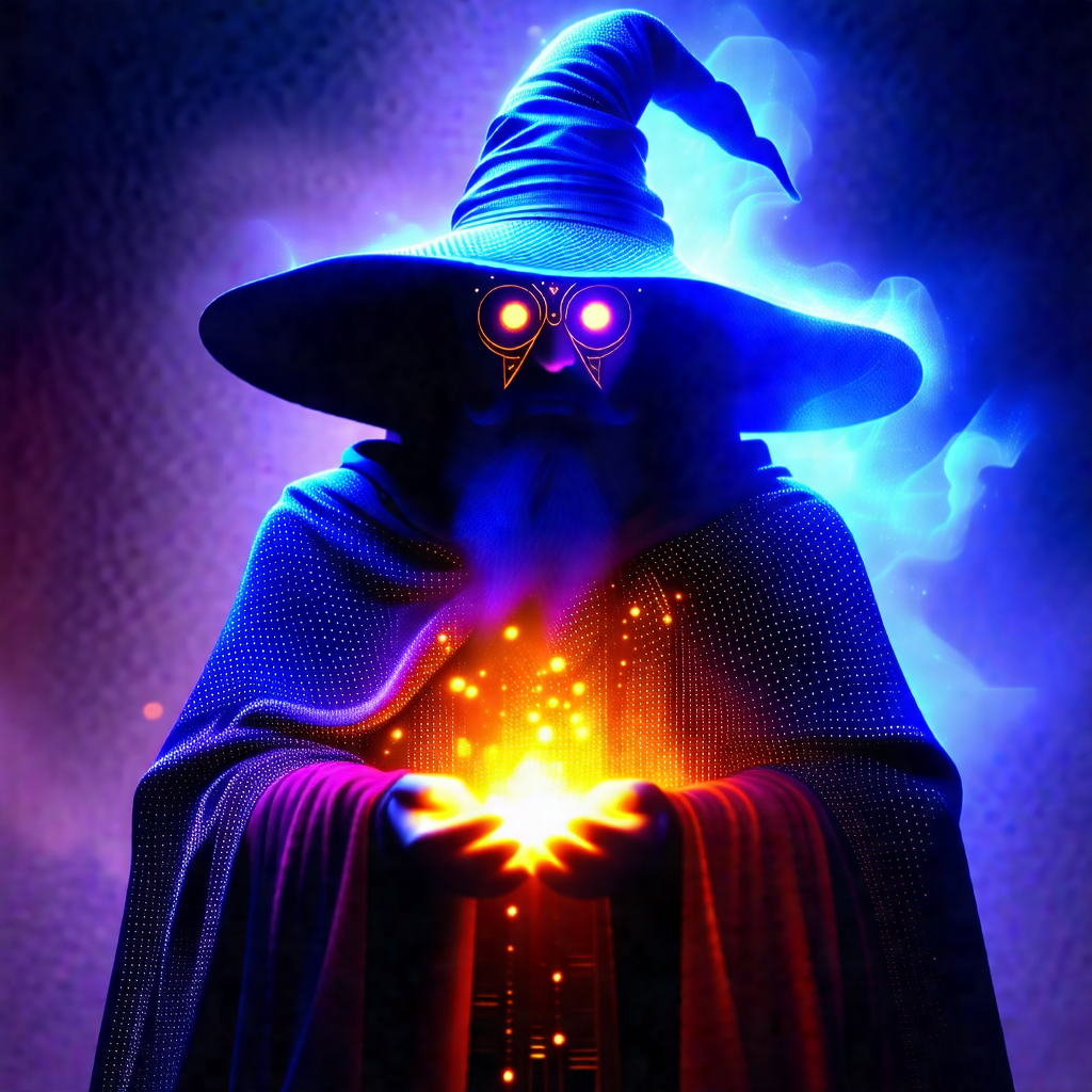Wizard with a long beard and a blue hat, holding a glowin...
