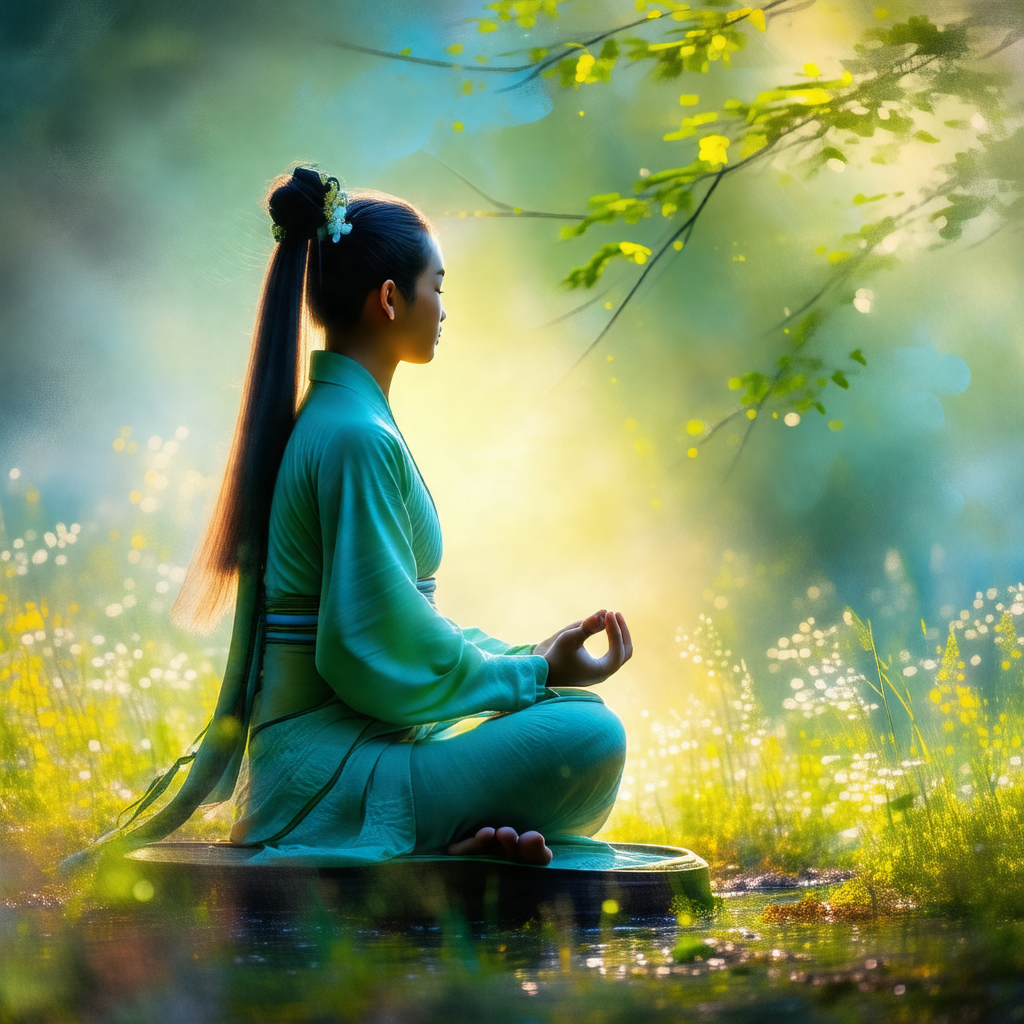 Woman sitting in a field, surrounded by a beautiful and s...