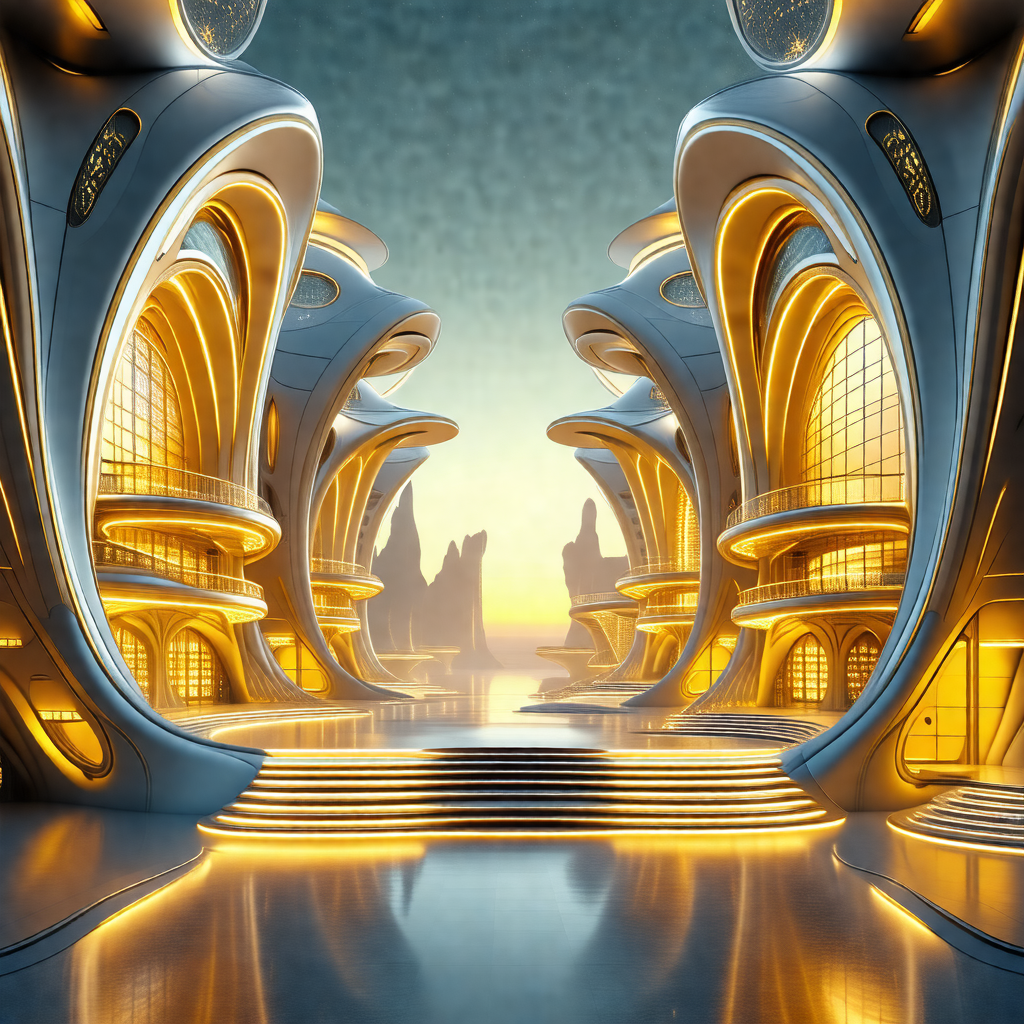 Futuristic cityscape with a large building in the center