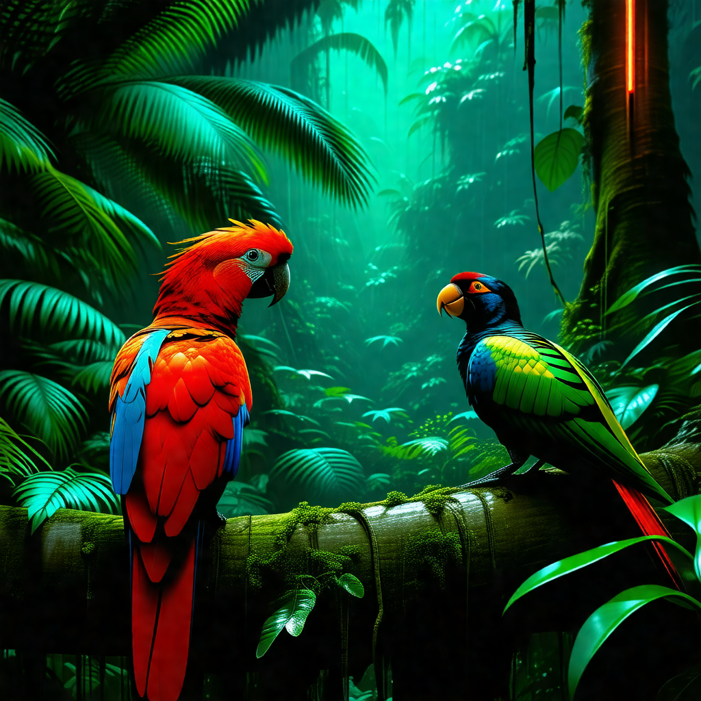 Two colorful parrots perched on a tree branch in a lush g...