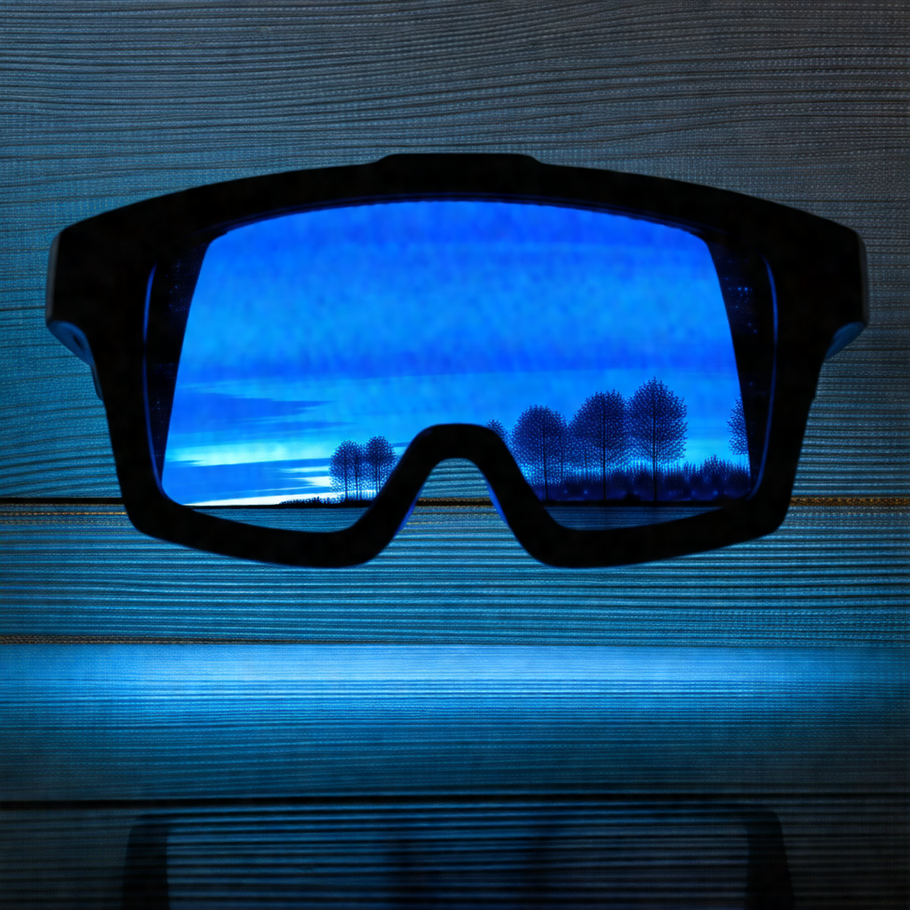 Pair of blue goggles with a reflection of trees in the ba...
