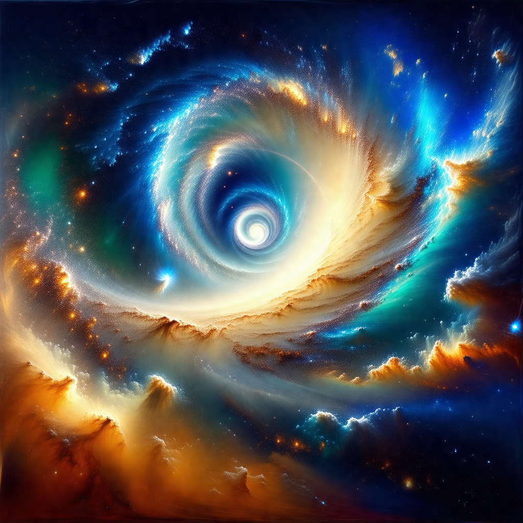 Painting of a spiral galaxy, featuring a swirling mass of...