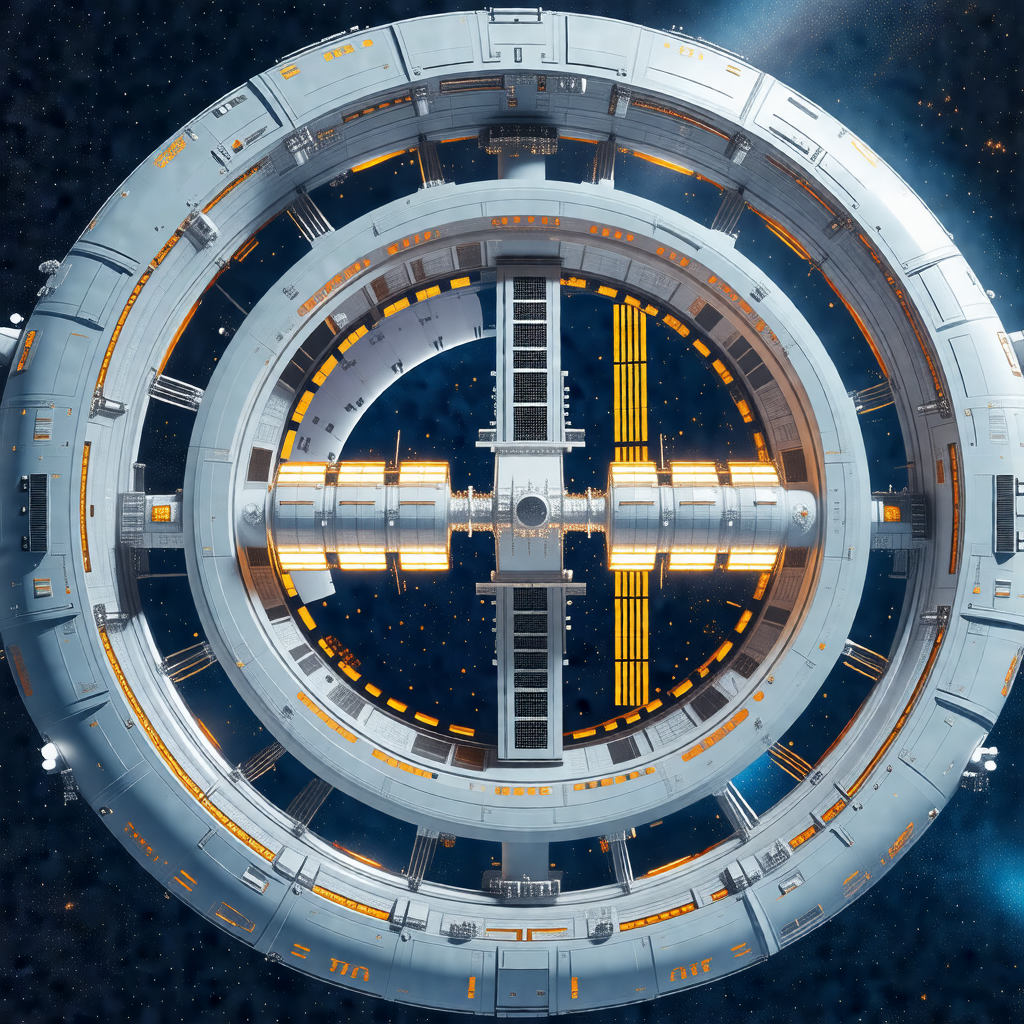 Futuristic space station with a large, round, white struc...
