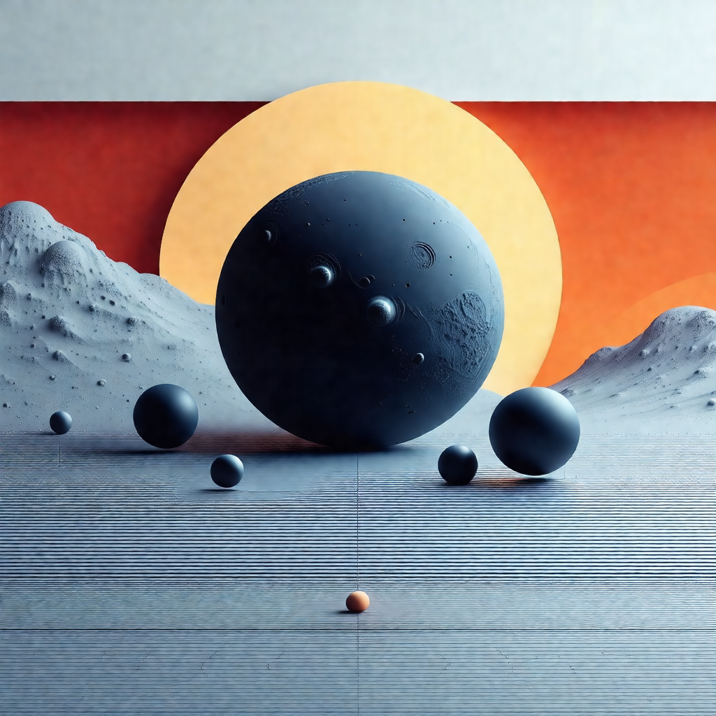 Large black ball in the center of the scene, surrounded b...