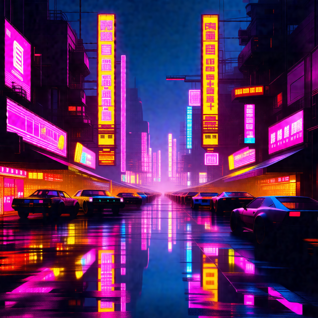 Busy city street at night, with a row of cars parked on t...