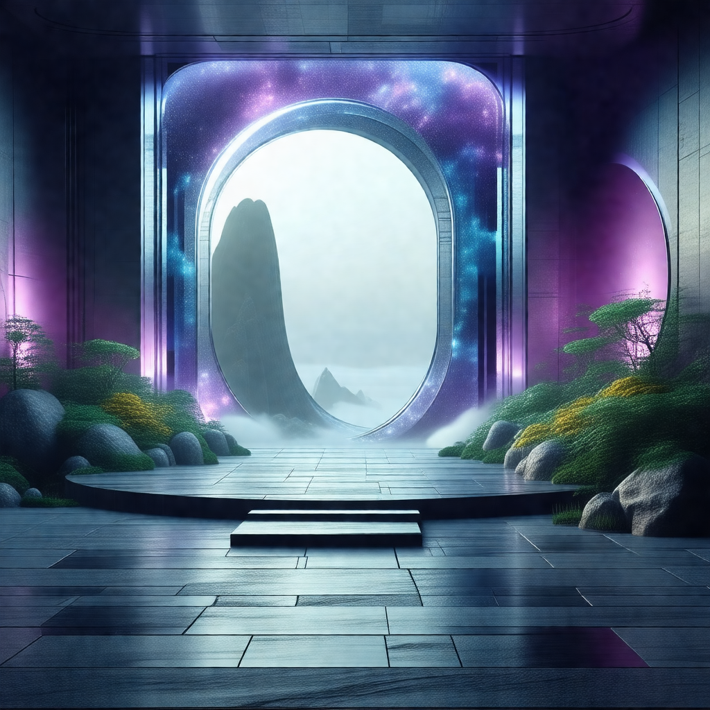 Futuristic scene with a large, open doorway leading to a ...