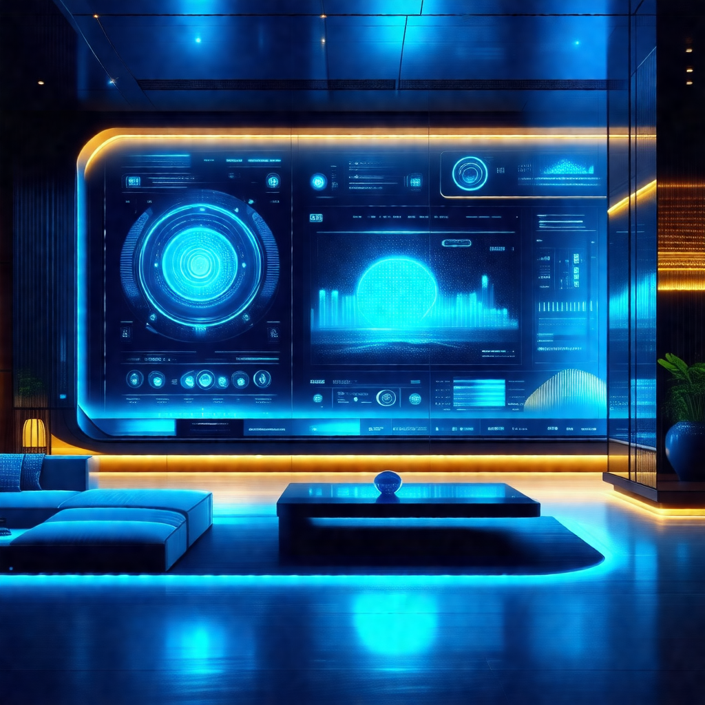 Futuristic living room with a large blue screen on the wall