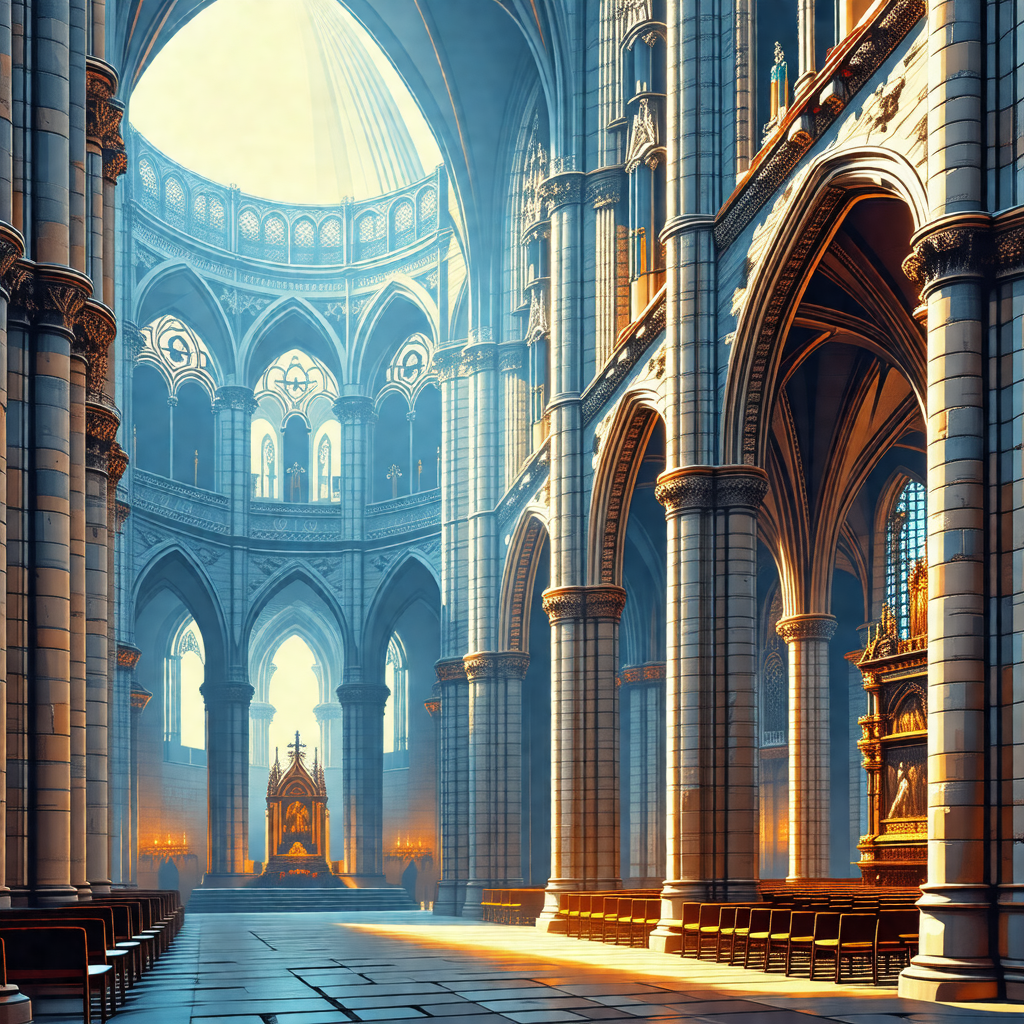 Painting of a large cathedral with a beautiful stained gl...