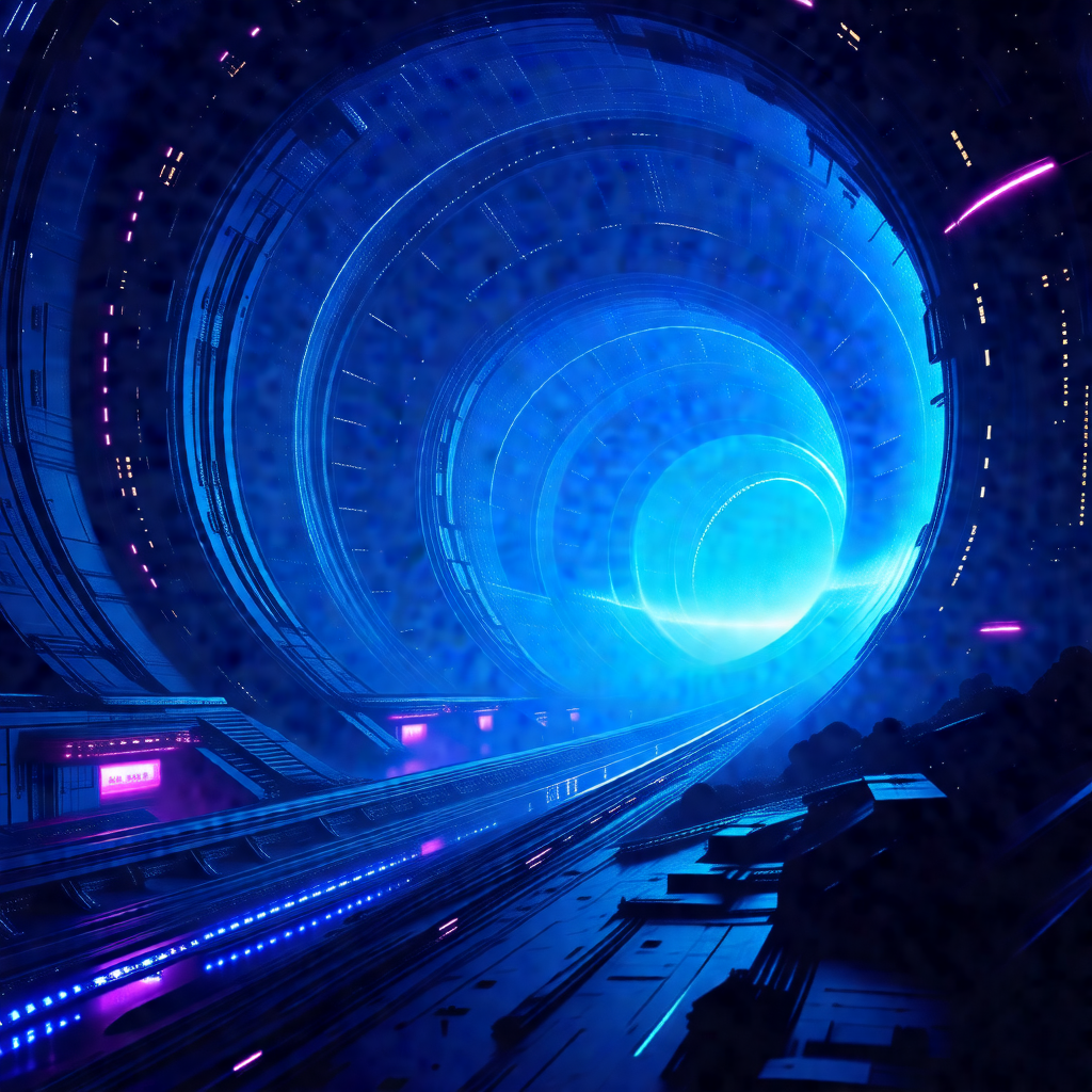 Futuristic scene featuring a large, blue tunnel with a tr...