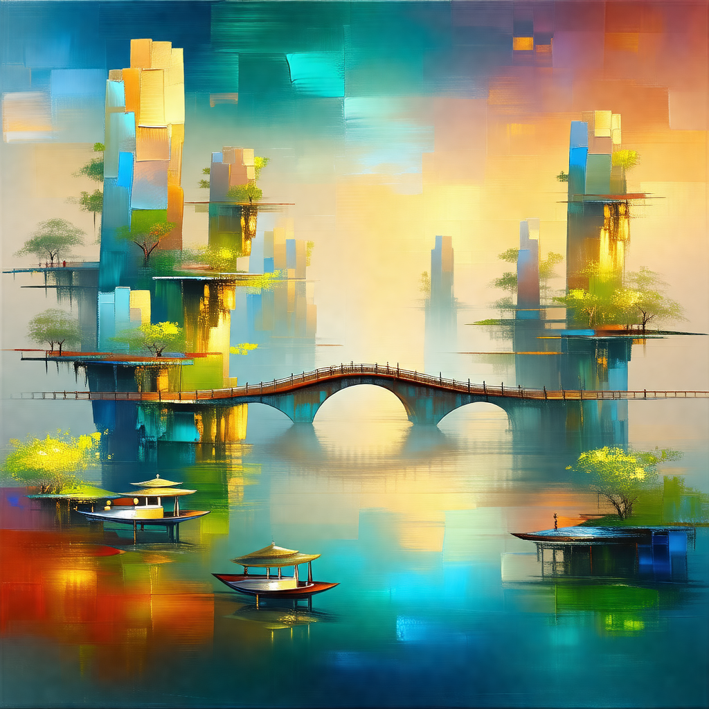 Painting of a bridge over a body of water, with a few boa...