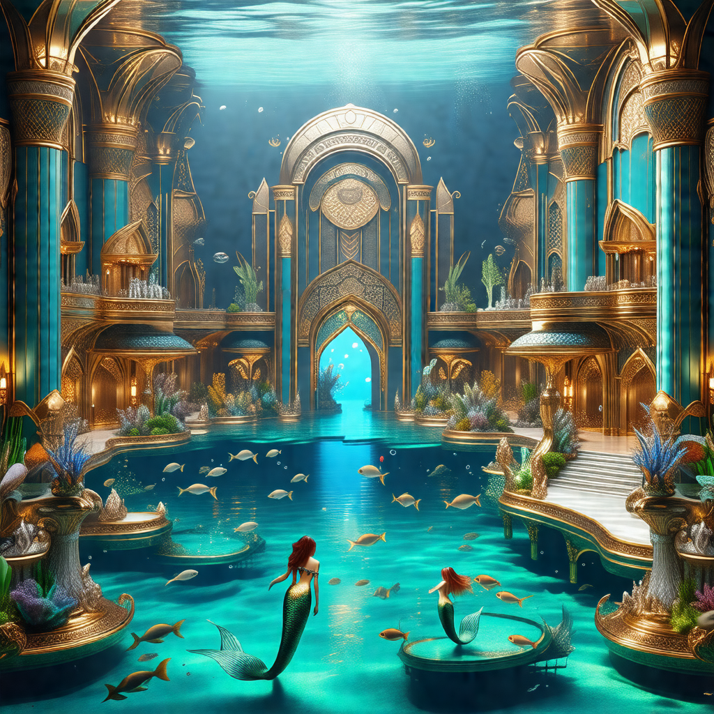 Beautiful underwater palace with a large blue pool at its...