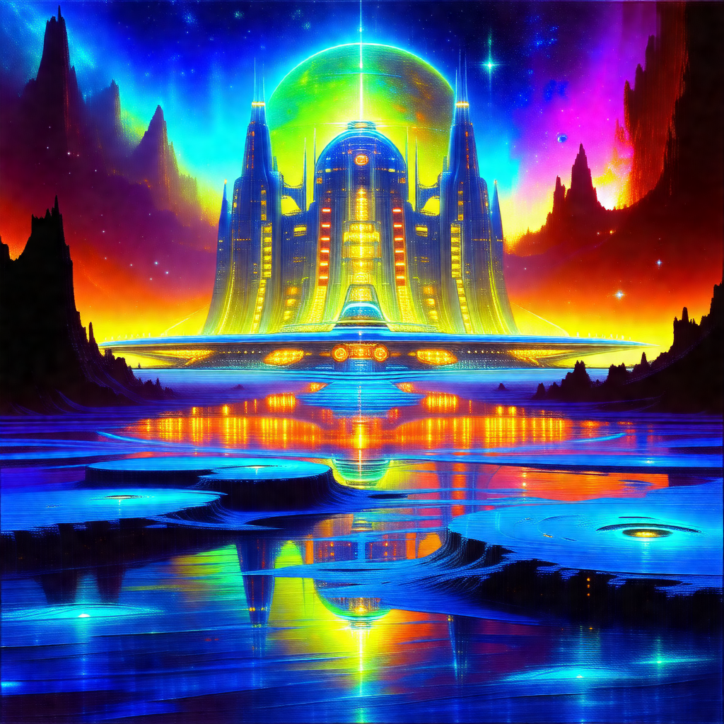 Futuristic city with a large, colorful building in the ce...